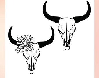 Vintage Hand Drawn Floral Cow Skull SVG Cut File for Cricut, Cameo Silhouette | Boho Bucranium Cut File | Cow Skull Wall Decor Printable