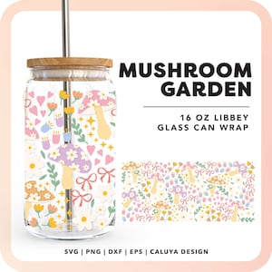 16oz Glass Can SVG Cut File | Mushroom Glass Can Cup Wrap SVG | Cute Coquette Bow Cup Wrap Sublimation png | Trendy Cup Digital Download