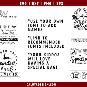 May include: Black and white digital design featuring a reindeer with the text "North Pole Reindeer Mail" and "Deliver To:"  The design also includes a "Certified Nice List" stamp with a checkmark and the text "Checked Twice" and "Santa Claus".