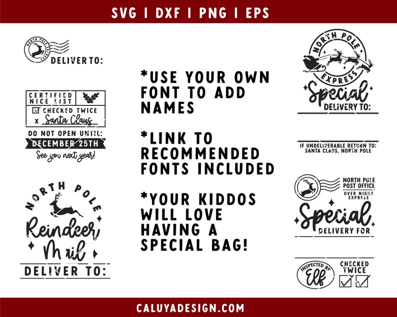 May include: Black and white digital design featuring a reindeer with the text "North Pole Reindeer Mail" and "Deliver To:"  The design also includes a "Certified Nice List" stamp with a checkmark and the text "Checked Twice" and "Santa Claus".
