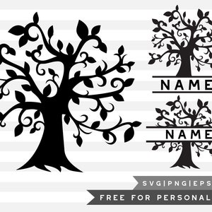 May include: Black silhouette of a tree with intricate branches and leaves. The tree is shown twice, with the second image including the text "NAME" twice, once above and once below the tree.