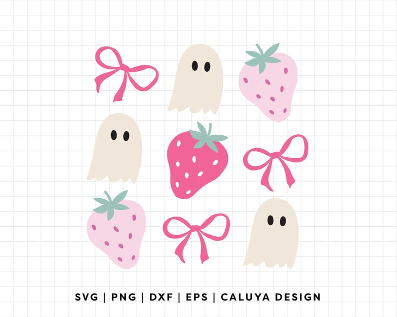 Puede incluir: Ilustraci&oacute;n digital con un patr&oacute;n de lazos rosas, fresas y figuras de fantasmas. Las fresas son rosas con copas verdes y semillas blancas. Los fantasmas son beige con ojos negros. Los lazos son rosas. El texto "SVG | PNG | DXF | EPS | CALUYA DESIGN" est&aacute; en la parte inferior.