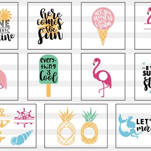 May include: A set of 10 summer-themed SVG cut files featuring various designs, including a flamingo, pineapple, ice cream cone, and a mermaid. The text in the images includes phrases like "Sunshine is the best medicine", "Here comes the sun", "Every-thing is cool", "All you need is ice cream", "Every summer has a story", and "Let's be mermaids".