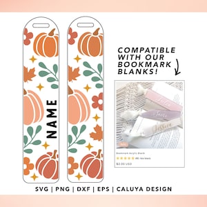 May include: Two printable bookmark designs featuring a fall theme with pumpkins, leaves, and stars. The designs are compatible with our bookmark blanks. The text "NAME" is included on the design.