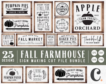 Könnte beinhalten: Eine Sammlung von 25 Herbst-Bauernhaus-Schilddesigns in den Formaten SVG, PNG, DXF und EPS. Die Schilder zeigen verschiedene Herbstmotive, darunter Kürbisse, Äpfel und Herbstmarkt-Schilder. Die Designs sind perfekt, um individuelle Schilder für Ihr Zuhause oder Ihr Geschäft zu erstellen.