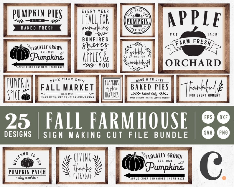 K&ouml;nnte beinhalten: Eine Sammlung von 25 Herbst-Bauernhaus-Schilddesigns in den Formaten SVG, PNG, DXF und EPS. Die Schilder zeigen verschiedene Herbstmotive, darunter K&uuml;rbisse, &Auml;pfel und Herbstmarkt-Schilder. Die Designs sind perfekt, um individuelle Schilder f&uuml;r Ihr Zuhause oder Ihr Gesch&auml;ft zu erstellen.
