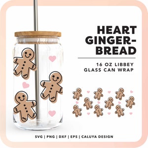 16oz Heart Gingerbread Man Libbey Can Wrap SVG | Cute Christmas Beer Can Wrap svg | Trendy Holiday SVG, Glass Beer Can Full Wrap Sublimation