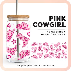16oz Libbey Can Wrap SVG | Pink Cowgirl SVG | Western Glass Can Wrap SVG | Cowgirl Hat svg | Cowgirl Boots svg | Beer Glass Can Sublimation
