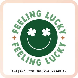 May include: Green circle with a white smiling face and four-leaf clover eyes. The text "Feeling Lucky" is written in a green and white circular pattern around the circle.