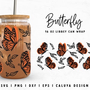 16oz Libbey Can Wrap SVG | Boho Butterfly SVG | Botanical Glass Can Wrap SVG | Trendy Cup Wrap svg | Gift cup svg Cricut, Cameo Silhouette