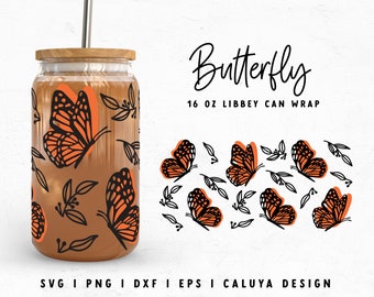 16oz Libbey Can Wrap SVG | Boho Butterfly SVG | Botanical Glass Can Wrap SVG | Trendy Cup Wrap svg | Gift cup svg Cricut, Cameo Silhouette
