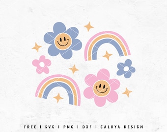 May include: A digital design featuring a rainbow, flowers, and stars. The flowers have smiley faces. The colors are pink, blue, and yellow.
