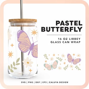 16oz Butterfly Libbey Can Wrap SVG | Botanical Beer Glass Can Full Wrap SVG | Pastel Butterfly Sublimation for Cup Wrap, Butterfly Clipart