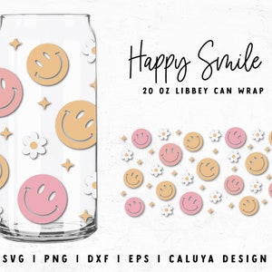 20oz Libbey Can Wrap SVG | Trendy SVG | Smiley Face svg | Groovy svg | Retro Glass Can wrap svg | Libbey Can Design Cricut, Cameo Silhouette