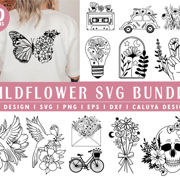 Wildflower tshirt SVG Bundle | boho wildflowers floral nature svg png, Floral skull svg, Floral butterfly, Boho Flower Clipart, mug making