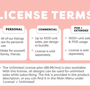 Puede incluir: Un gr&aacute;fico rosa con el texto "LICENSE TERMS" en blanco. Tres columnas con los encabezados "PERSONAL", "COMMERCIAL" y "POD + EXTENDED". Cada columna enumera los t&eacute;rminos de uso de la licencia. El texto en la parte inferior del gr&aacute;fico dice: "El plan de licencia ilimitada ($ 8.99 / mes) tambi&eacute;n est&aacute; disponible. Con esta licencia, todos los dise&ntilde;os se pueden usar para ventas ilimitadas mientras se suscribe. El enlace se proporciona en la descripci&oacute;n del producto, o puede encontrarlo en el men&uacute; principal en 'Licencia' > 'Ilimitado'."