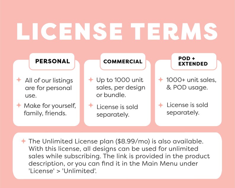 Puede incluir: Un gr&aacute;fico rosa con el texto "LICENSE TERMS" en blanco. Tres columnas con los encabezados "PERSONAL", "COMMERCIAL" y "POD + EXTENDED". Cada columna enumera los t&eacute;rminos de uso de la licencia. El texto en la parte inferior del gr&aacute;fico dice: "El plan de licencia ilimitada ($ 8.99 / mes) tambi&eacute;n est&aacute; disponible. Con esta licencia, todos los dise&ntilde;os se pueden usar para ventas ilimitadas mientras se suscribe. El enlace se proporciona en la descripci&oacute;n del producto, o puede encontrarlo en el men&uacute; principal en 'Licencia' > 'Ilimitado'."