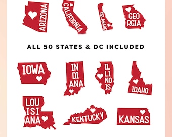 Könnte beinhalten: Rote Umrisse aller 50 US-Bundesstaaten mit einem Herzen in jedem Bundesstaat. Der Text "ALL 50 STATES & DC INCLUDED" befindet sich unter den Bundesstaaten. Der Text "SVG | PNG | DXF | EPS | CALUYA DESIGN" befindet sich am unteren Rand des Bildes.