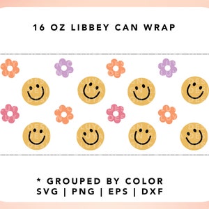 May include: A digital download of a 16 oz Libbey can wrap design featuring a repeating pattern of yellow smiley faces and pink, orange, and purple flowers. The design is grouped by colour and available in SVG, PNG, EPS, and DXF formats.