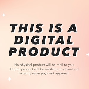 K&ouml;nnte beinhalten: Ein rosa Hintergrund mit wei&szlig;en Sternen und schwarzem Text, der "THIS IS A DIGITAL PRODUCT" lautet. Unter dem Text befindet sich eine Beschreibung mit dem Text "No physical product will be mail to you. Digital product will be available to download instantly upon payment approval."