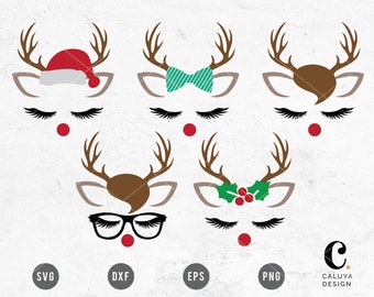 May include: Five different variations of a reindeer face with closed eyes and eyelashes. The reindeer faces are decorated with a Santa hat, a green bow, a brown nose, glasses, and holly with red berries.
