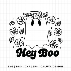 May include: Black and white illustration of a ghost wearing a flower crown with the text "Hey Boo" in a retro font.