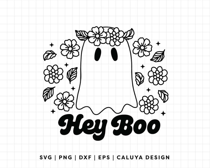 May include: Black and white illustration of a ghost wearing a flower crown with the text "Hey Boo" in a retro font.