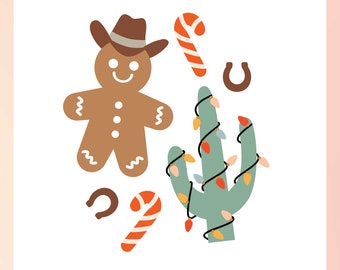 Western Christmas SVG | Cowboy Gingerbread Man SVG, Cactus Christmas SVG, Texas Holiday Design Clipart, Cute Gingerbread Sublimation png