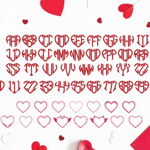 May include: Red heart-shaped monogram designs and heart outlines on a white background. The monograms feature letters and numbers in a decorative font. Various heart outlines include dotted, winged, and floral designs. Valentine's Day theme.