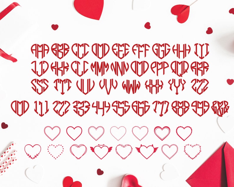 May include: Red heart-shaped monogram designs and heart outlines on a white background. The monograms feature letters and numbers in a decorative font. Various heart outlines include dotted, winged, and floral designs. Valentine's Day theme.