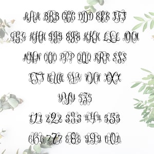 May include: A collection of black monogram letters and numbers in a decorative, swirling font. The letters range from AAA to ZZZ, and the numbers from 111 to 000. The design is set against a white background with green foliage.