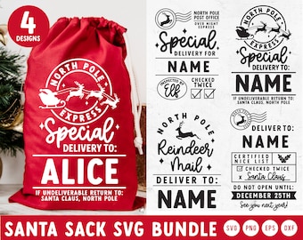 May include: Four designs for a Santa sack SVG bundle. The designs feature a red sack with a white North Pole Express logo and the text "Special Delivery to: Alice". The other designs feature a reindeer and mail logo with the text "North Pole Reindeer Mail Deliver to: Name" and a Santa Claus logo with the text "Special Delivery for Name".