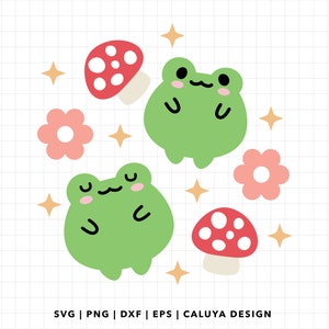 Cute Frog SVG, Kawaii Froggy SVG, frog and mushroom SVG, Frog Sticker svg, cute animal t shirt, mug, libbey can wrap svg for Cricut Cut File