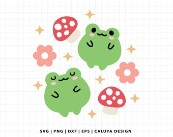 Cute Frog SVG, Kawaii Froggy SVG, frog and mushroom SVG, Frog Sticker svg, cute animal t shirt, mug, libbey can wrap svg for Cricut Cut File