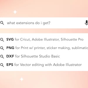 May include: A list of file extensions commonly used for digital design projects, including SVG, PNG, DXF, and EPS. The list includes descriptions of each file type and its typical uses.