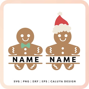 May include: Two gingerbread man SVG cut files, one with a Santa hat and one with a green bow tie. Both have a space for a name to be added.