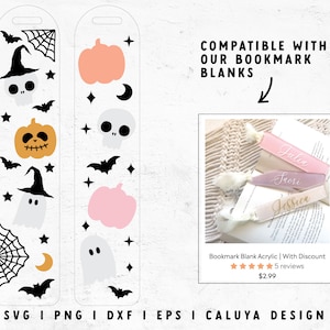 Puede incluir: Dos diseños de marcapáginas de Halloween imprimibles con fantasmas, calabazas, murciélagos, estrellas y calaveras. Los diseños son compatibles con marcapáginas acrílicos en blanco. El texto "COMPATIBLE WITH OUR BOOKMARK BLANKS" se muestra encima de los diseños. El texto "SVG I PNG I DXF I EPS I CALUYA DESIGN" se muestra debajo de los diseños. Una foto de tres marcapáginas acrílicos rosas con nombres escritos en ellos se muestra en la esquina superior derecha. El texto "Bookmark Blank Acrylic | With Discount" se muestra debajo de la foto. Cinco estrellas se muestran debajo del texto, seguidas del texto "5 reviews". El texto "2,99 €" se muestra debajo de las estrellas.