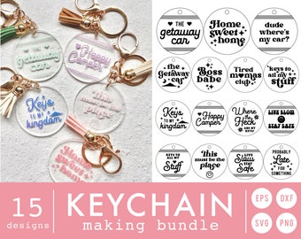 May include: A set of 15 printable keychain designs featuring various phrases and designs. The designs are in black and white and include phrases like "Home Sweet Home", "Keys to my Kingdom", and "Live Slow Stay Safe".