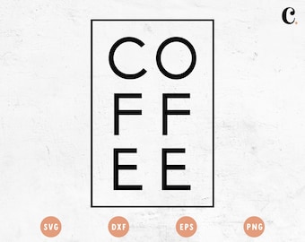 Może przedstawiać: Czarno-biały projekt graficzny ze słowem "COFFEE" w kwadratowej ramce.
