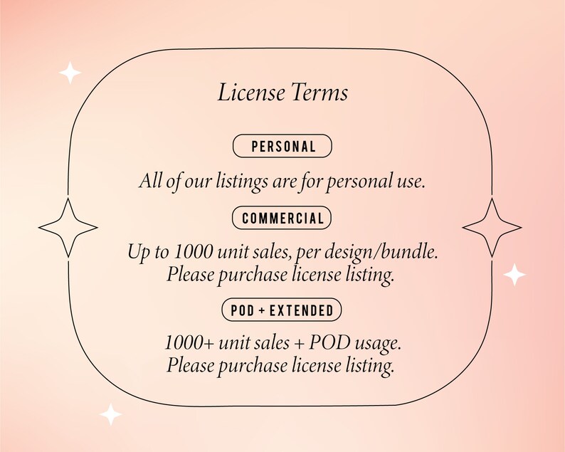 May include: A graphic with the text "License Terms" in a black rounded rectangle. The graphic outlines the different license terms for personal, commercial, and extended use.