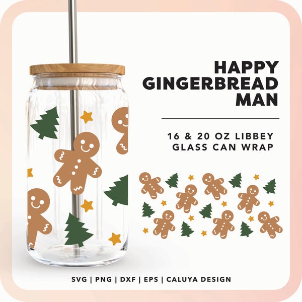 Christmas 16oz Libbey Can Wrap SVG | Cute Gingerbread Man Beer Glass Can Wrap svg | Kids Holiday Glass Cup SVG, Christmas Sublimation PNG