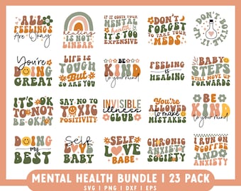 Könnte beinhalten: Ein Set mit 23 digitalen Designs mit farbenfrohen, Retro-Illustrationen und Texten zum Thema mentale Gesundheit. Die Designs beinhalten Sätze wie "Alle Gefühle sind okay", "Heilung ist nicht linear", "Das Leben ist hart, aber du auch", "Sei freundlich zu deinem Geist", "Es ist okay, nicht okay zu sein", "Du darfst Fehler machen", "Selbstliebe Baby", "Chronische Angstgesellschaft", und "Ich laufe mit Kaffee und Angst".