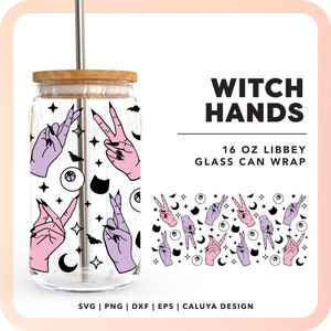 May include: A 16 ounce glass can wrap featuring a repeating pattern of pink and purple witch hands making the peace sign, black bats, stars, and eyes. The text "WITCH HANDS" and "16 OZ LIBBEY GLASS CAN WRAP" is printed on the image.
