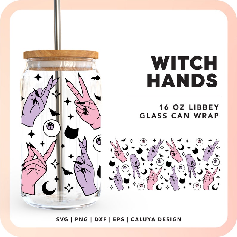 May include: A 16 ounce glass can wrap featuring a repeating pattern of pink and purple witch hands making the peace sign, black bats, stars, and eyes. The text "WITCH HANDS" and "16 OZ LIBBEY GLASS CAN WRAP" is printed on the image.