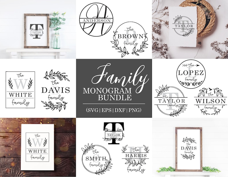 May include: A digital download bundle of 10 family monogram designs. The designs feature a variety of fonts and styles, including wreaths, circles, and banners. The text "Family Monogram Bundle" is displayed in a large, decorative font. The text "(SVG | EPS | DXF | PNG)" is displayed below the title.
