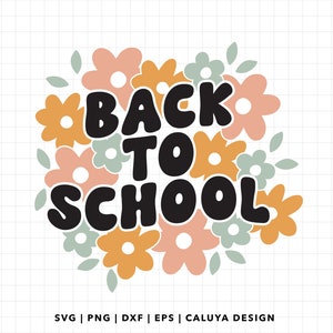 May include: Back to School text in black with a whimsical font surrounded by a wreath of colorful flowers. The flowers are in shades of pink, orange, and green.