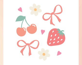 Trendy Strawberry SVG | Coquette Bow SVG | Cute Cherry SVG | Cute Fruits svg | Coquette Girly svg Cut File | Trendy Fruits Sublimation png