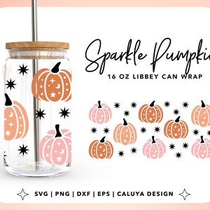 Może przedstawiać: Cyfrowy projekt opakowania na puszkę Libby o pojemności 473 ml z dynią, gwiazdami i tekstem "Sparkle Pumpkin".