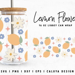 May include: A digital design for a 16 ounce Libbey can wrap featuring a pattern of lemons, daisies, and stars in shades of yellow, orange, pink, blue, and green. The text "Lemon Flower" is at the top of the design.