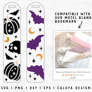 May include: Two digital designs for a Halloween bookmark featuring a purple bat, a crescent moon, stars, and a pumpkin. The design is compatible with our Motel Blank Bookmark.